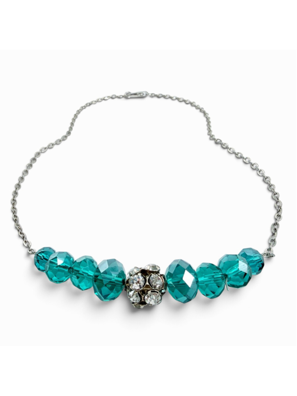 1990s Teal Green Fire-Polished Glass Crystal Necklace